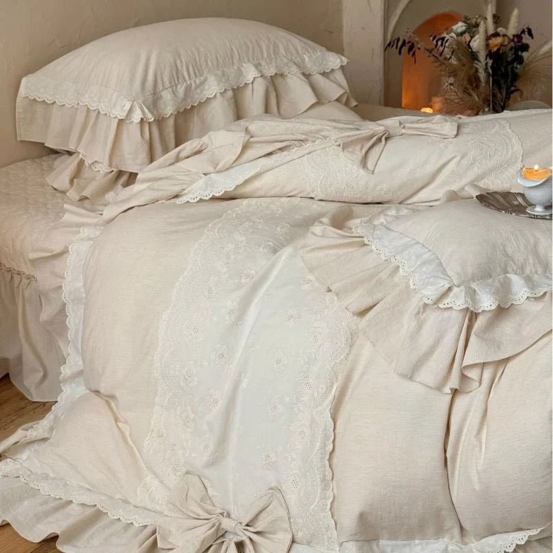 French Vintage Princess Style 4-Piece Bedding Set – Cotton Linen Blend with Lace and Bow Trim, Duvet Cover & Bedspread