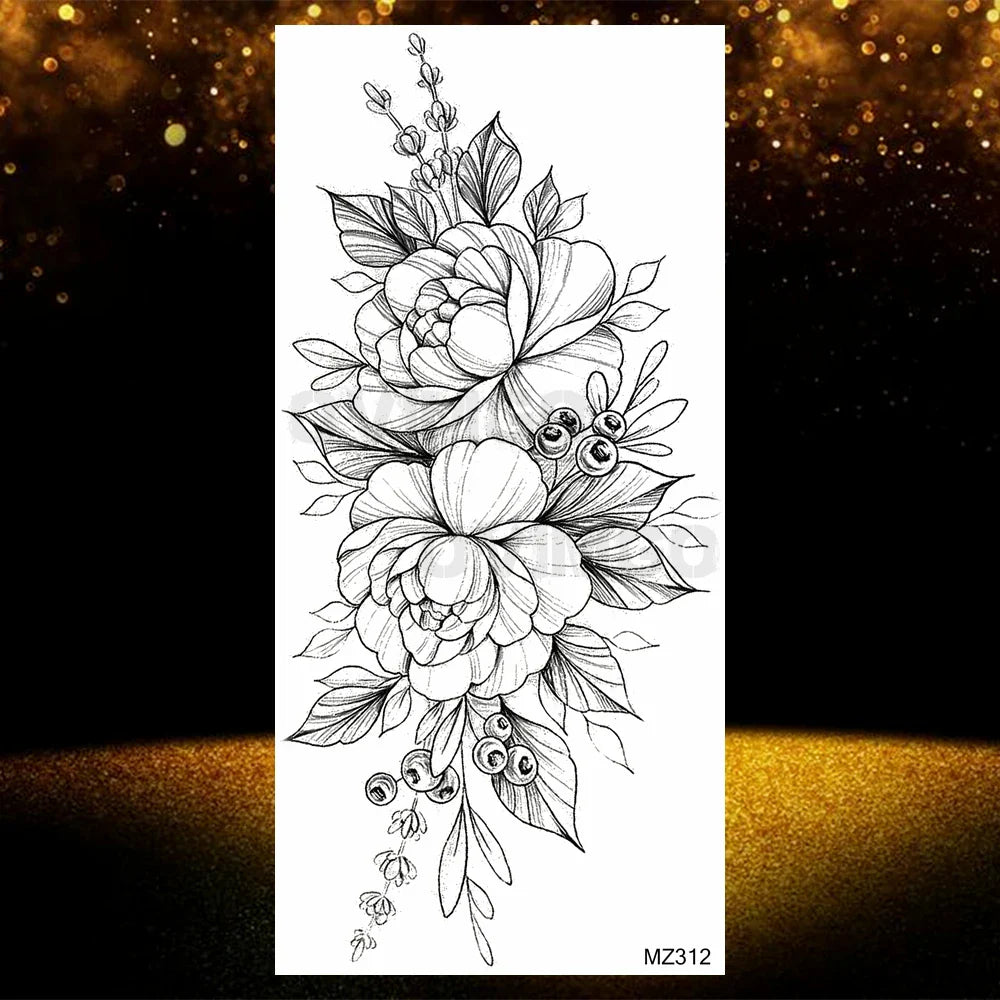 Realistic Black Rose Flower Temporary Tattoos Fake Waterproof Tatoo Body Art Arm Leg Floral Peony Bloosom Tattoo Stickers Makeup