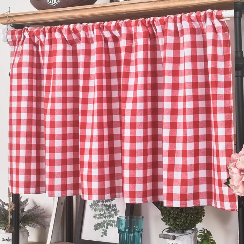Window Valance Green Red Plaid Christmas Style Short Curtain Partition Curtain Linen with Lace Kitchen Coffee Shade Valances