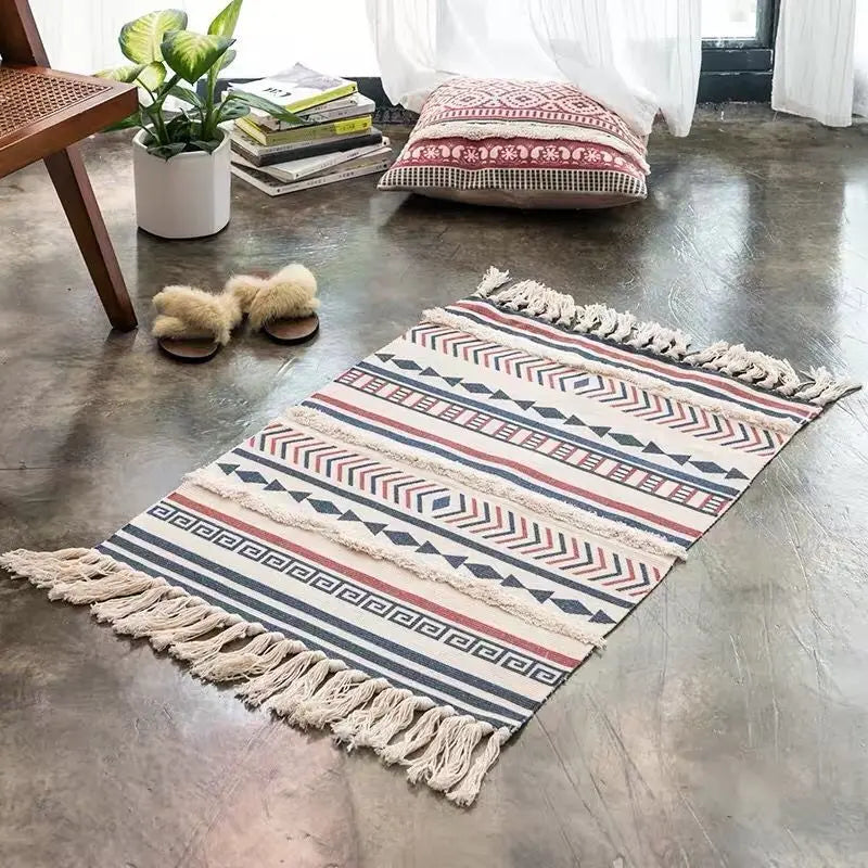 Cotton Linen Retro Rug Tapestry Home Decor Geometric Floor Mats for Bedroom Living Room Hand Woven Bohemian Tufted Tassel Carpet