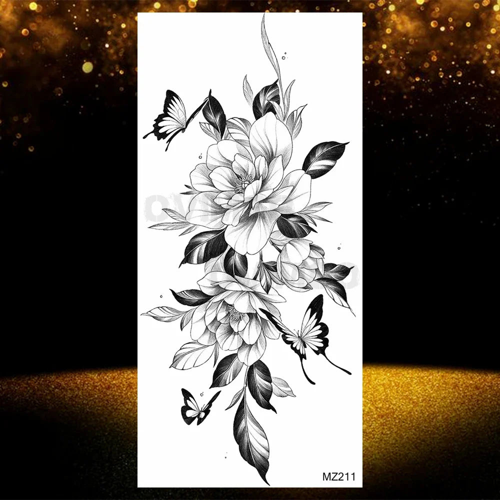 Realistic Black Rose Flower Temporary Tattoos Fake Waterproof Tatoo Body Art Arm Leg Floral Peony Bloosom Tattoo Stickers Makeup