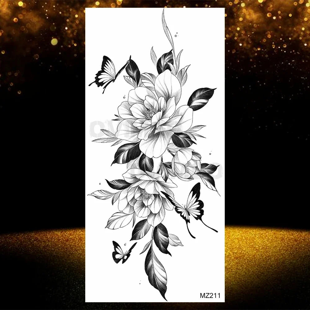 Realistic Black Rose Flower Temporary Tattoos Fake Waterproof Tatoo Body Art Arm Leg Floral Peony Bloosom Tattoo Stickers Makeup