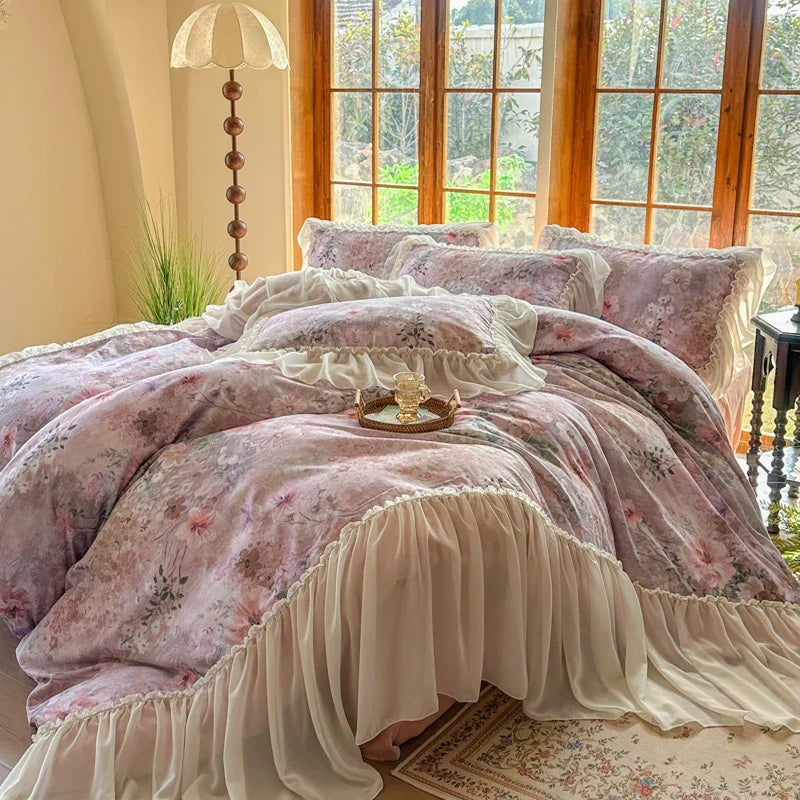 100% Cotton Double-layer yarn Bedding Set Vintage Chic Flowers Wide Chiffon Ruffle Edge Duvet cover Bed Sheet Pillowcases 4Pcs