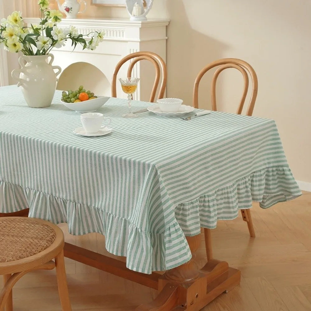 Vertical Striped Table Cover Washable Wrinkle-Resistant Striped Ruffle Tablecloth Ruffle Trim Farmhouse Tablecloth Wedding Decor