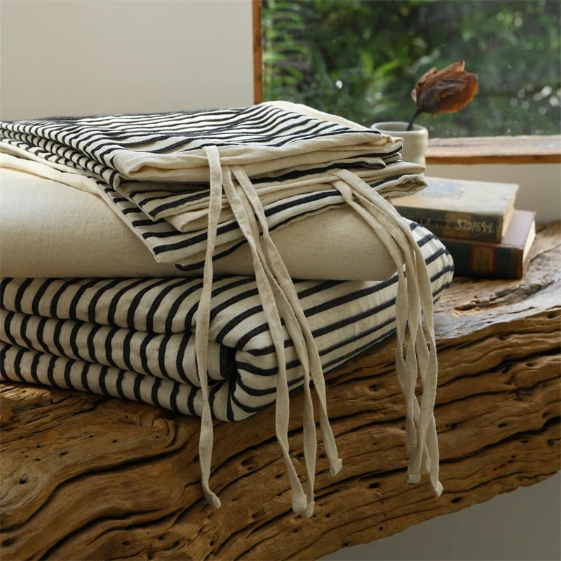 Linen Cotton Simple Stripes Jacquard Nordic Style Bedding Set Single Double Queen King Duvet Cover Flat Sheet Pillowcase