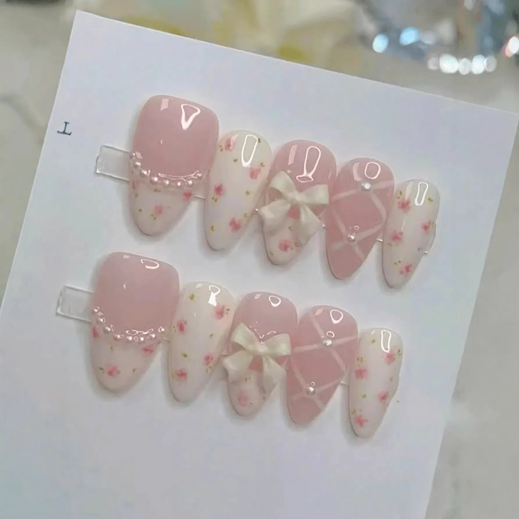 10Pcs Ballet Sweetheart False Nails Bowknot Pearl French Press on Nails Pink Almond Artificial Nail Art Handmade Lace Fake Nails