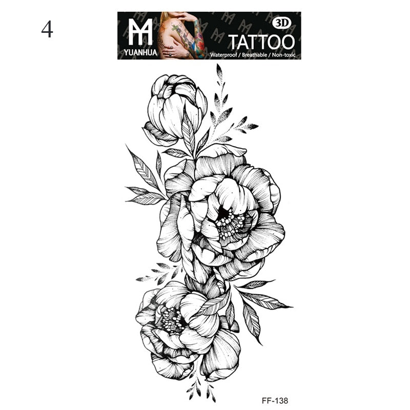 Sexy Black Flower Temporary Tattoos For Women Thigh Men Fake Moon Rose Compass Fake Tatoos Forearm Arm Sleeve Tattoo Stickers