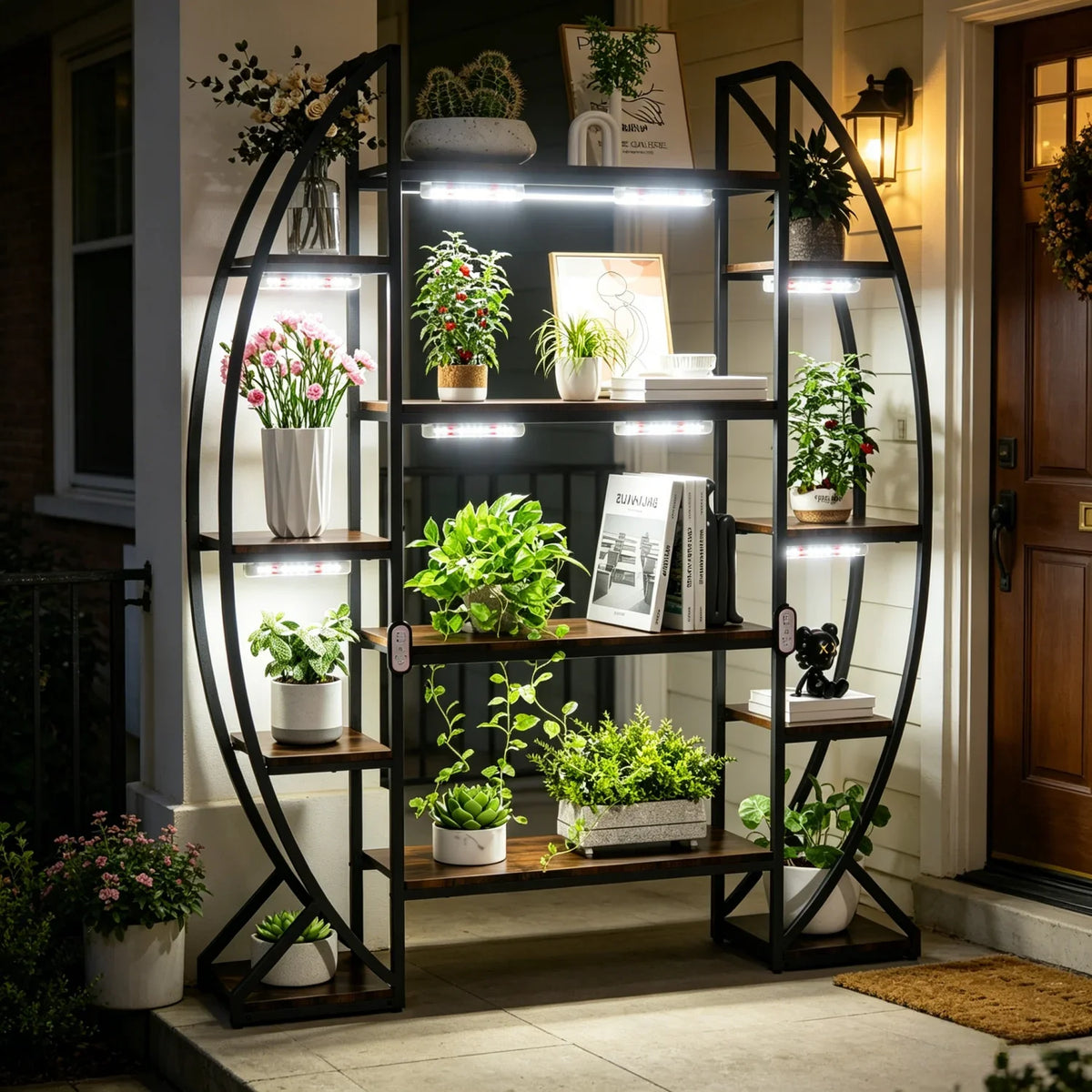 XXL Metal Half-Moon Shape Plant Stand Multilayer Ladder Garden Flower Rack Oval Bookshelf for Garden Balcony Patio