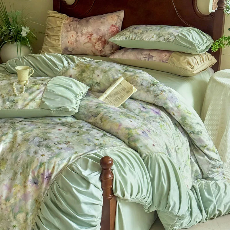 3/4Pcs Bedding Set Tencel Cotton Ice Silk French Vintage Pleated Style Luxury Duvet Cover Bed Linen 2 Bedroom With Elastic Band