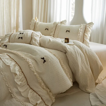 Princess Style Lace Trim Cotton Linen 4Pcs Bedding Set, French High-End Linen Duvet Cover & Sheet Set, Machine Washable