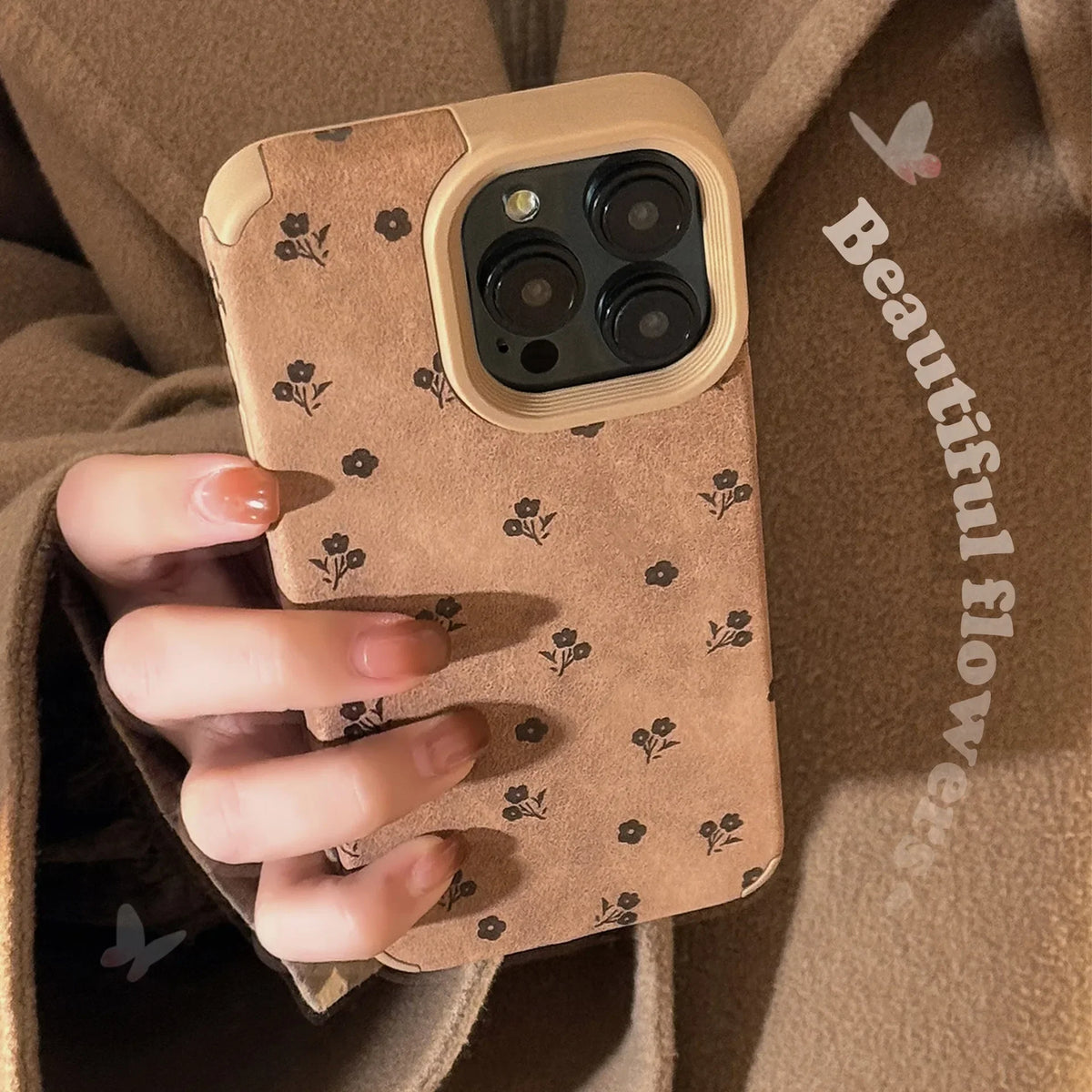 Luxury Full Screen Flower Suede Leather Texture Phone Case For iPhone 16 15 14 Plus 13 12 11 Pro Max Shockproof Protective Cover