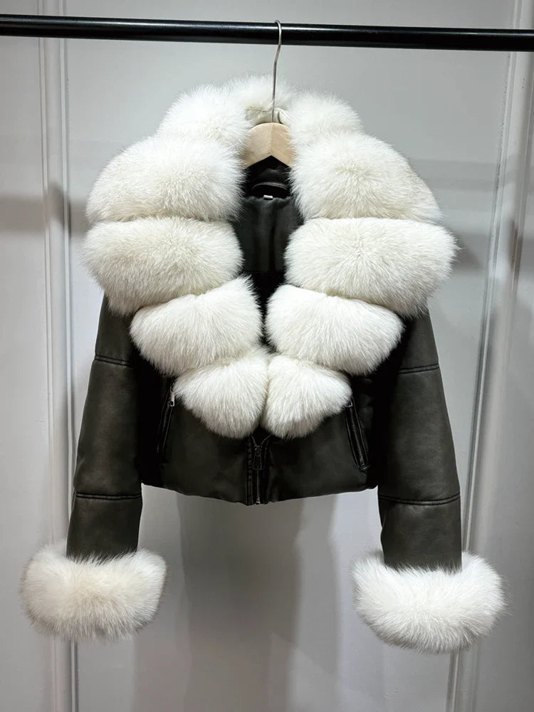 Fashion Fox Fur Women Winter Short PU Leather Jacket Warm Coat