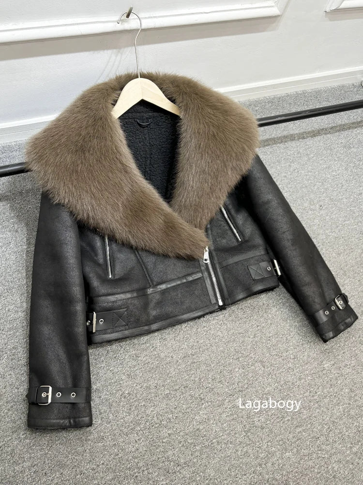 Women Faux Fur Collar Street Style Leather Jacket