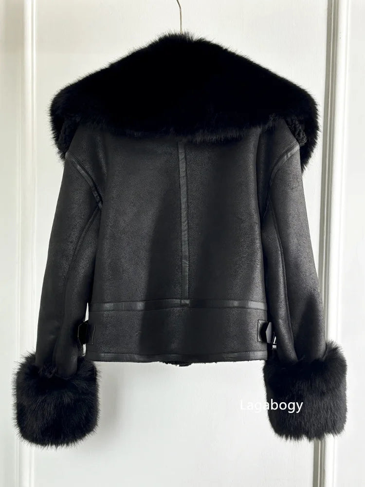 Women Faux Fur Collar Street Style Leather Jacket