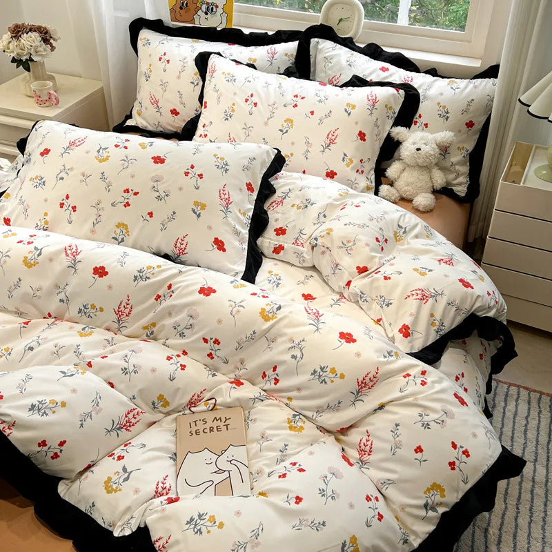 Hepburn Style Floral Print Bedding Sets Elegant Lace Super Soft Cozy Flat Sheet Set Home Dorm Textile Supplies for All Seasons