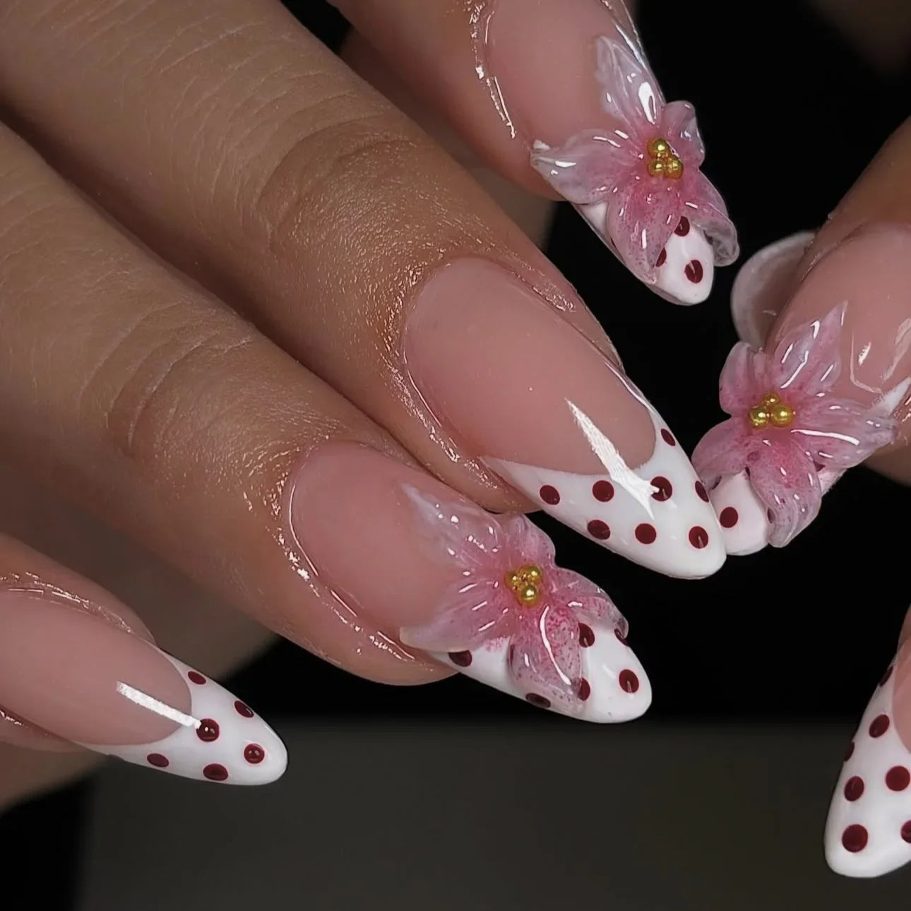 24Pcs Y2K Almond Press on Nails 3D Pink Flowers Stick on Nails Polka Dot Nail Sweet Cool Leopard Print False Nails Metal Nail