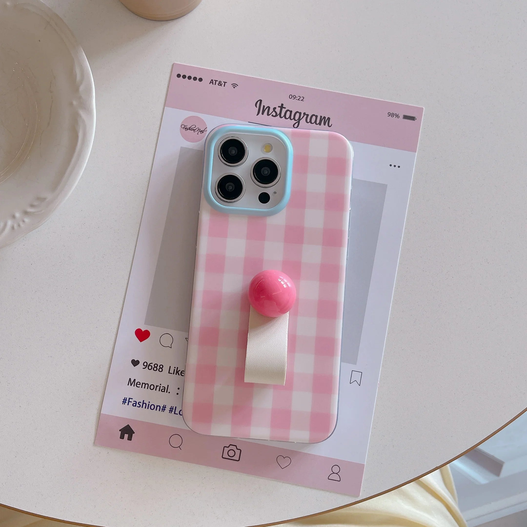 Korean INS Pink Checker Matte Double Layers Ring Strap Phone Case for iPhone 16 15 14 13 Pro Max Back Cover for 12 Pro Funda