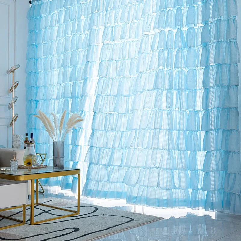 Modern Fashionable Blue Ruffles Skirt Semi-blackout Curtains for Living Room Girl's Bedroom Romantic Cupcake Layers Cortinas