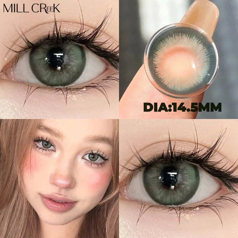 2pcs/Pair Color Contact Lenses Myopia Green Real looking Yearly Colored Lens Natural Dioptric Eye with Shimmer Degree Mill Creek