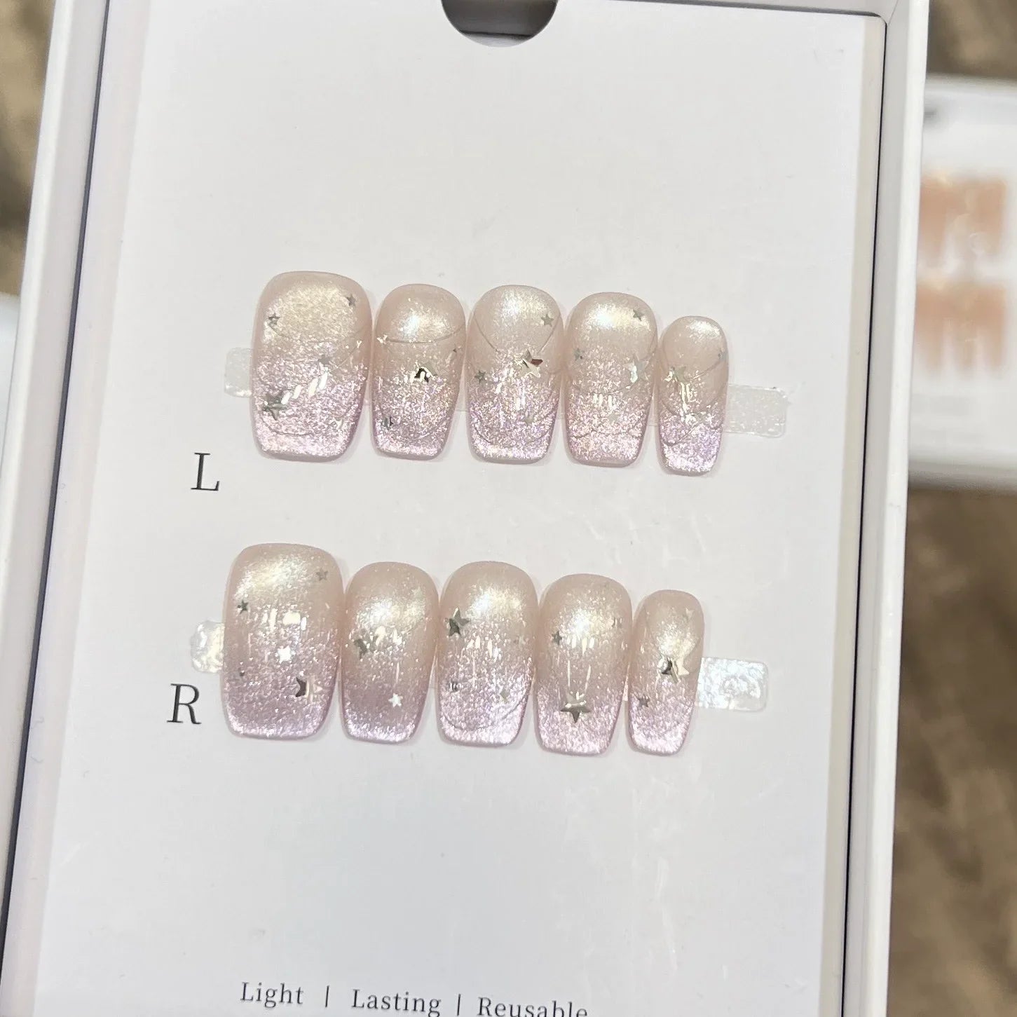 10Pcs Purple Cat Eye Coffin Press on Nails Silver French Fake Nails Plaid Polka Dot Nail 3D Bowknot Star Rhinestone False Nails