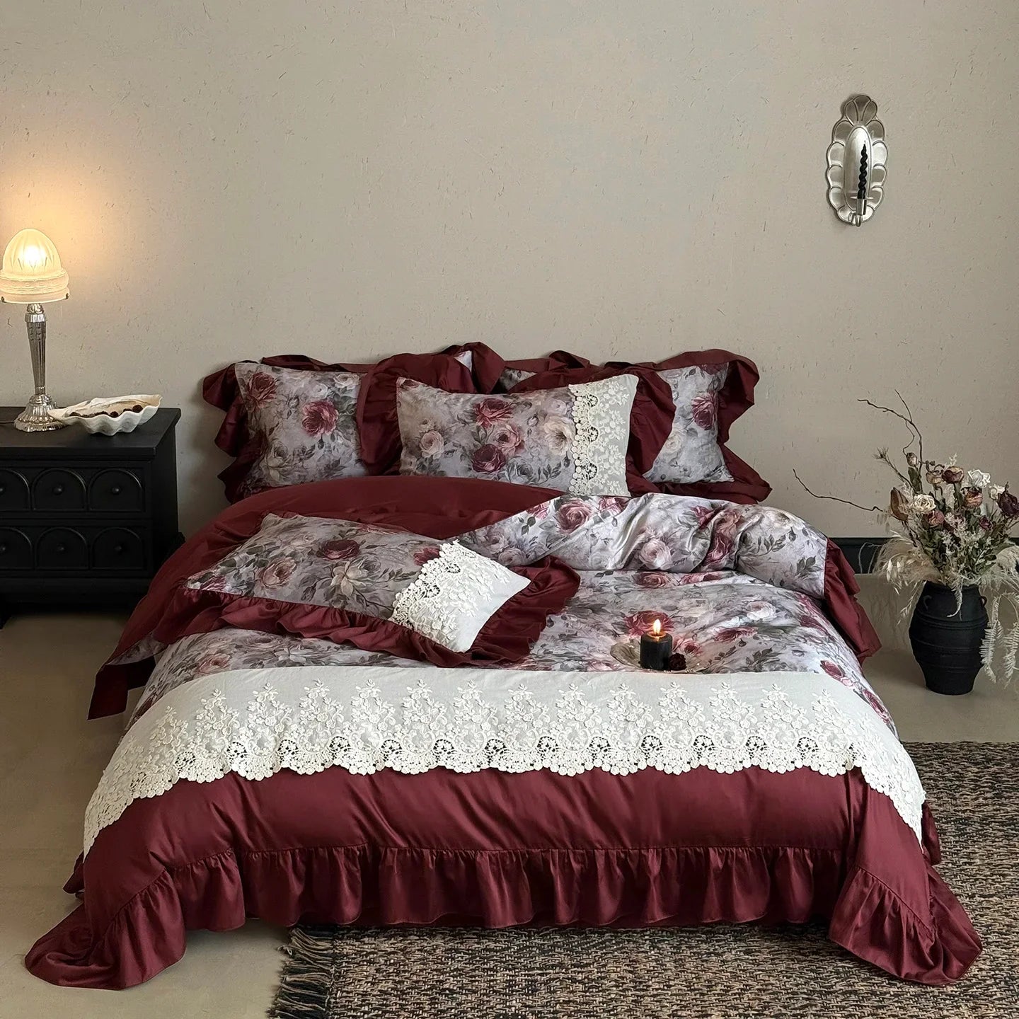 Luxury Digital printing Bedding Sets Egyptian Cotton Home Textile 4pcs Lace Embroidery Duvet Cover Bed Sheet Linen Pillowcases