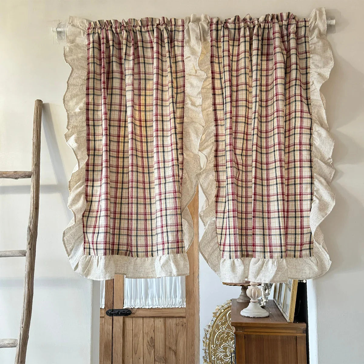 American Pastoral Style Checkered Pattern Ruffle Curtain Enclosure Kitchen Door Curtains Cafe Living Room Window Kitchen Decor