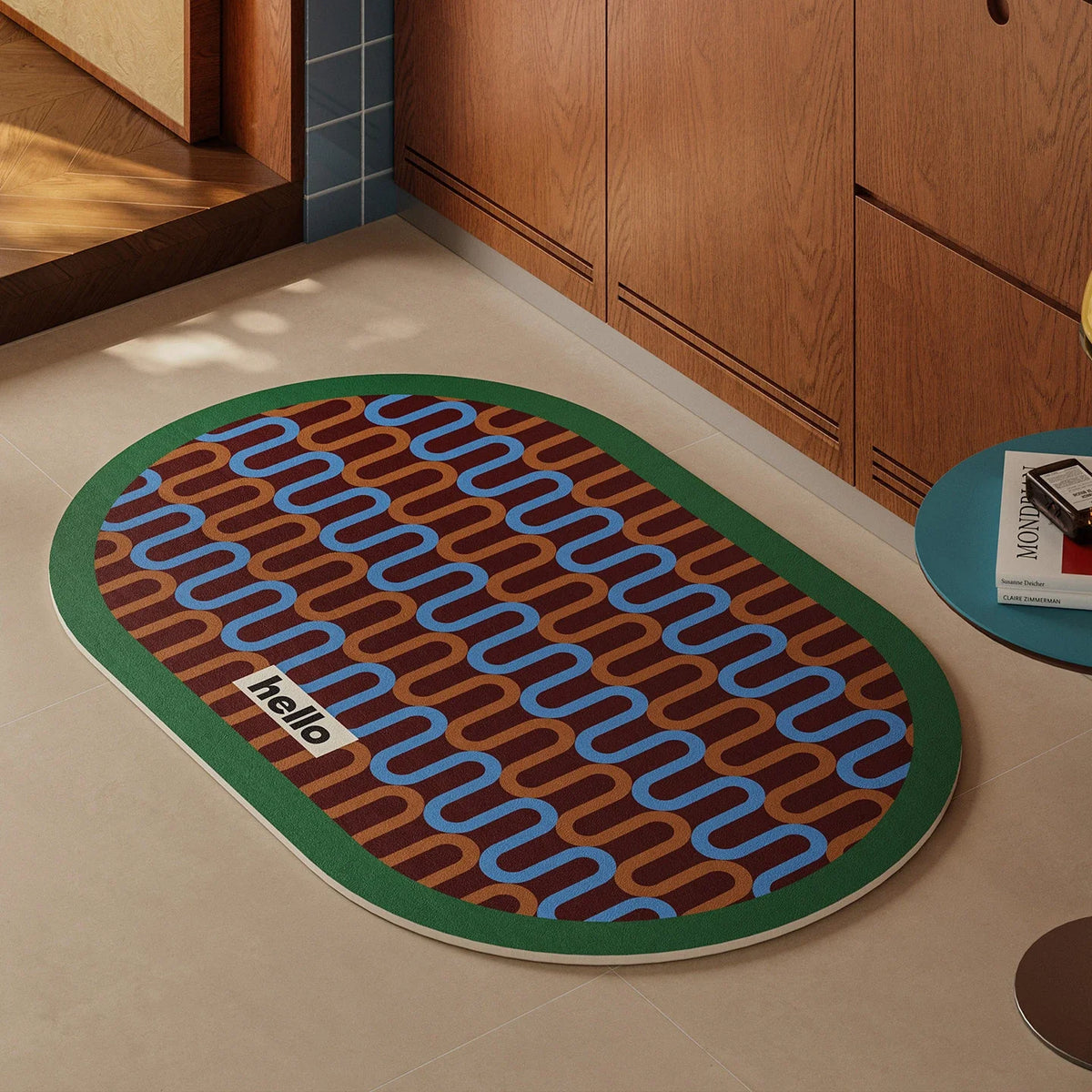Nordic Retro Oval Shower Mat Super Absorbent Non-Slip Floor Rug Creamy Style Mid-Century Decorative Doormat for Bathroom