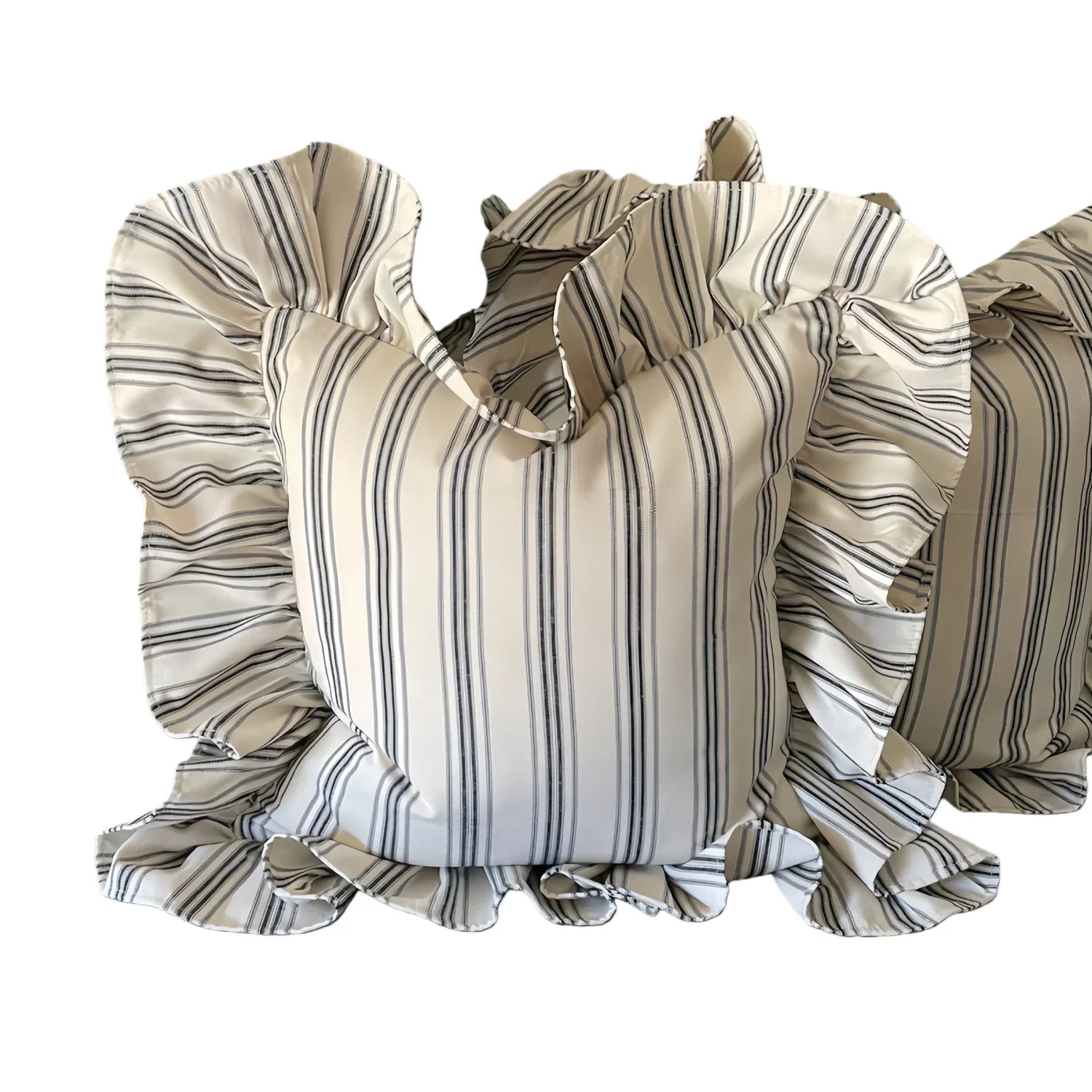 Beige Grey Striped Pillow Case Aesthetic Retro Sofa Cushion Cover Washed Cotton Lumbar Pillow Cover Ruffled