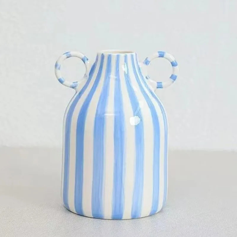 Blue and White Ceramic Vase with Handle, Nordic Boho Small Vases Side Table Flower Centerpiece, Wide Mouth Single Flower Vase