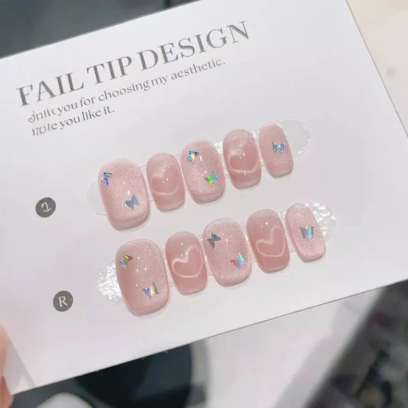 10Pcs Cute Girl Short Square Press on Nails Pink Cat Eye Nail Aurora Butterfly Strawberry Polka Dot Heart Fake Nail Tips Daily