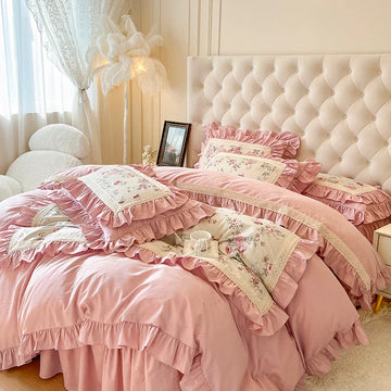 Egyptian Cotton Flowers Printng Bedding Set Luxury Pink Princess Lace Quilt Pillowcases Home Textile