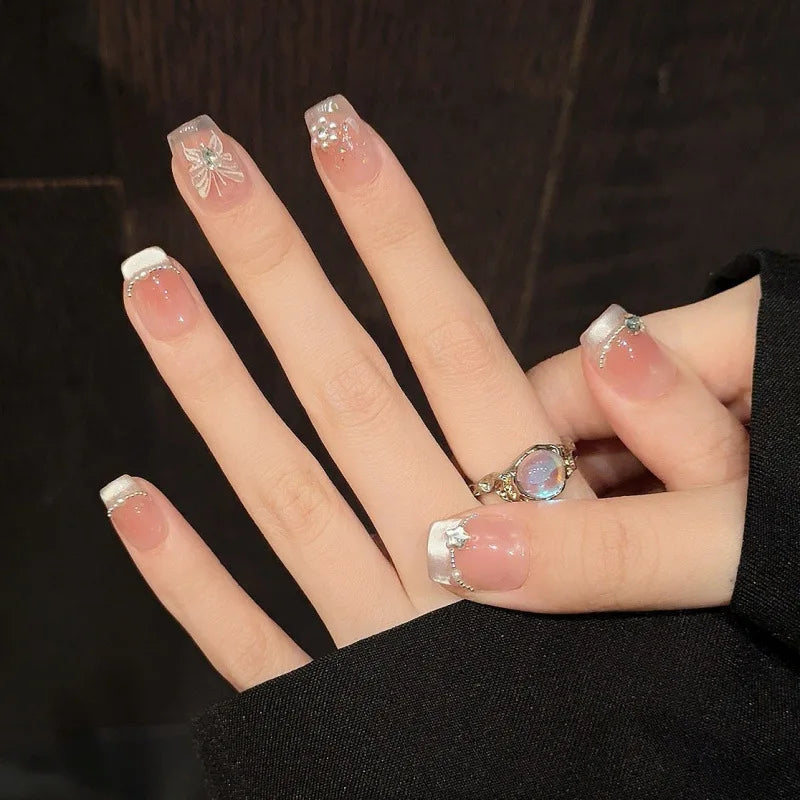 10Pcs Sweet Heart Nail Glitter Diamond Fake Nails Cute French Short Square Press on Nails Cat Eye Pearl Fake Nails Nude Natural