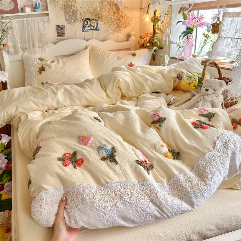 3/4Pcs Korean Princess Style Floral Embroidered Towel Bedding Set Single Queen King Size Duvet Cover Set Bed Sheet Pillowcases