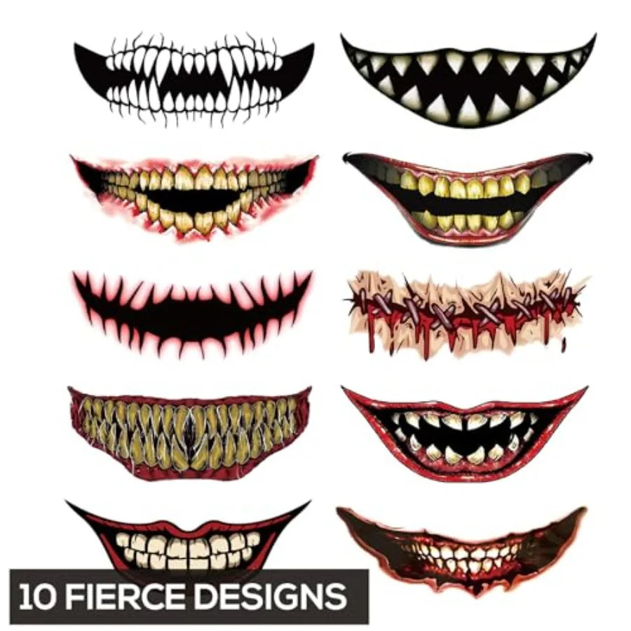 10-Sheet Scary Mouth Face Tattoos - Creepy and Funny Temporary Lip Designs - Halloween Face Stickers for Costume Parties and Ho