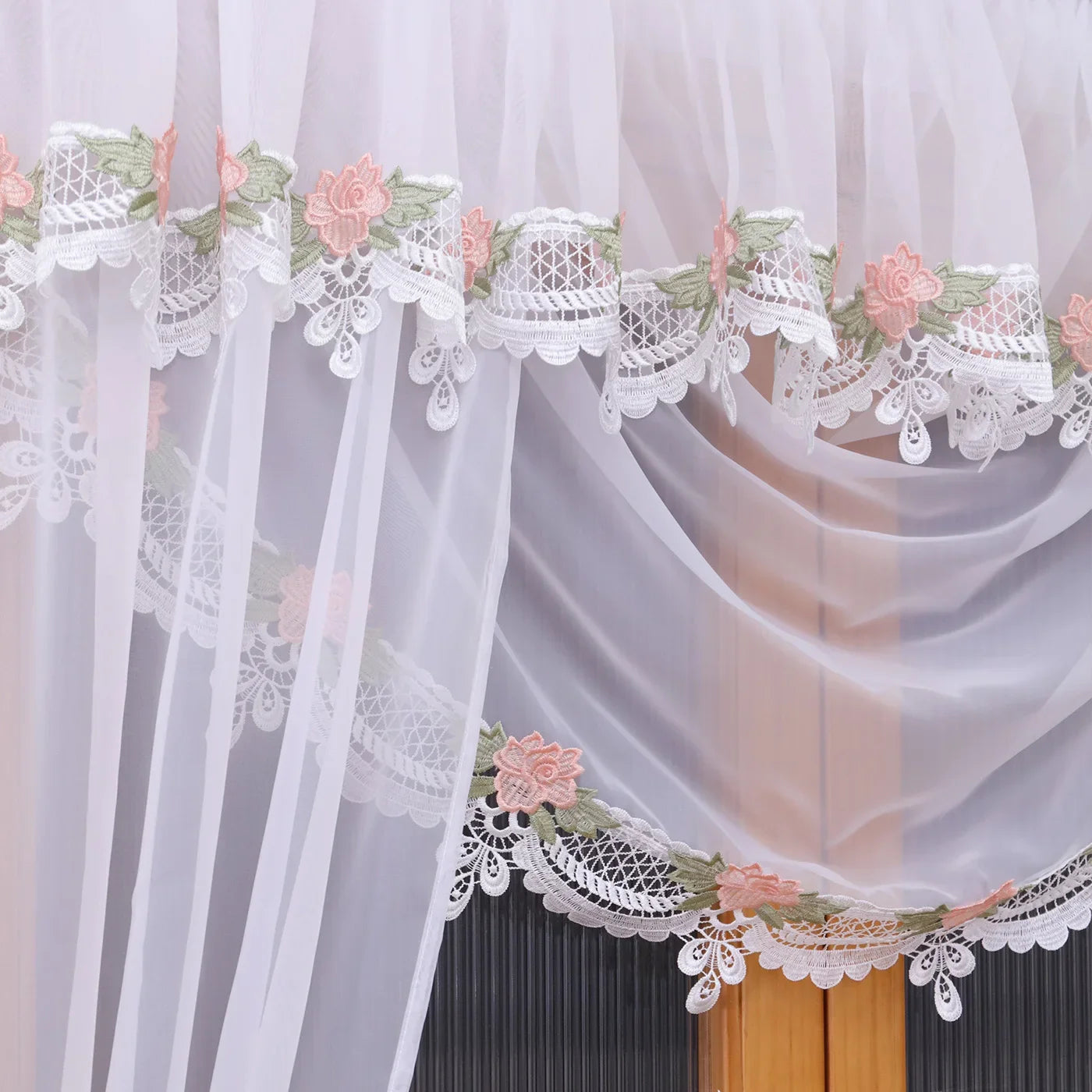 1PC French Floral Lace Sheer Curtain, Romantic Rose Trim Semi‑Transparent Gauze, For Living Room, Sweet Housewarming Gift