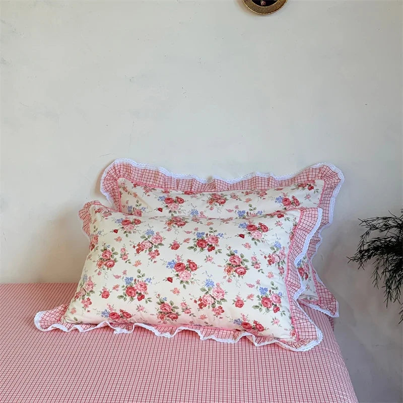 100% Cotton Korean Princess Style Rose Floral Plaid Ruffles Bedding Set Queen King Size Duvet Cover Bed Sheet Pillowcases 4Pcs