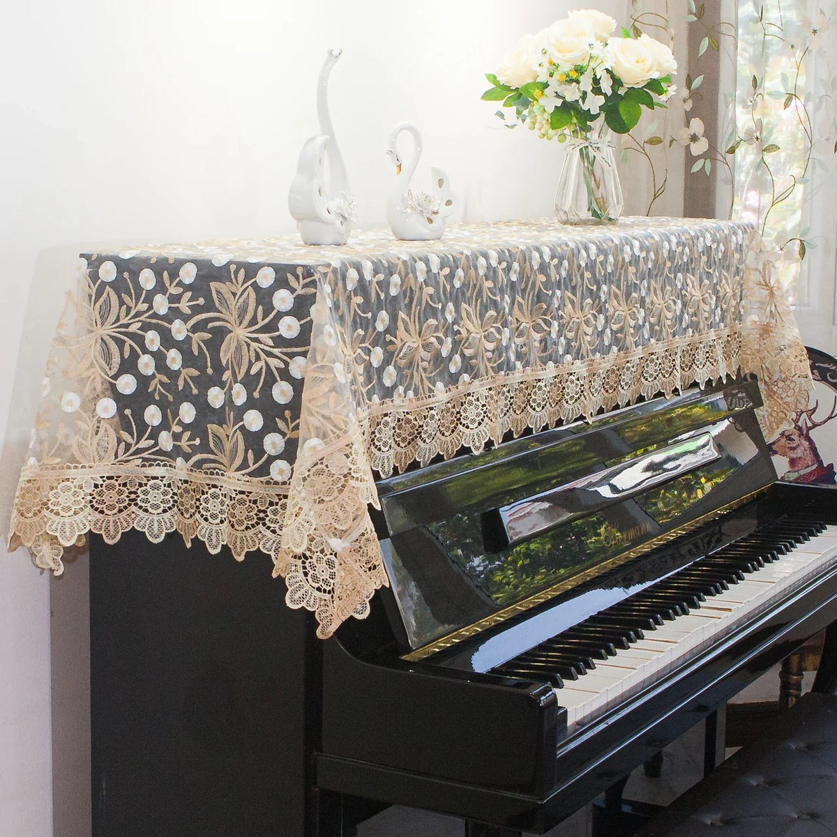 Japanese Sle Semi-Cover Piano Dust Cover Cloth Bench Cover Lightweight Luxury Lace Piano Lid Curtain Home Fabric Protection
