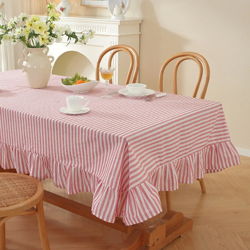Vertical Striped Table Cover Washable Wrinkle-Resistant Striped Ruffle Tablecloth Ruffle Trim Farmhouse Tablecloth Wedding Decor