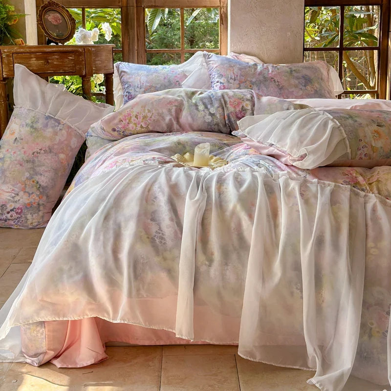 4Pcs French Princess Style Tencel Cotton Ice Silk Summer Cooling Comforter Set Blue Print Ruffle Bedding Set 1.5M Bedspread