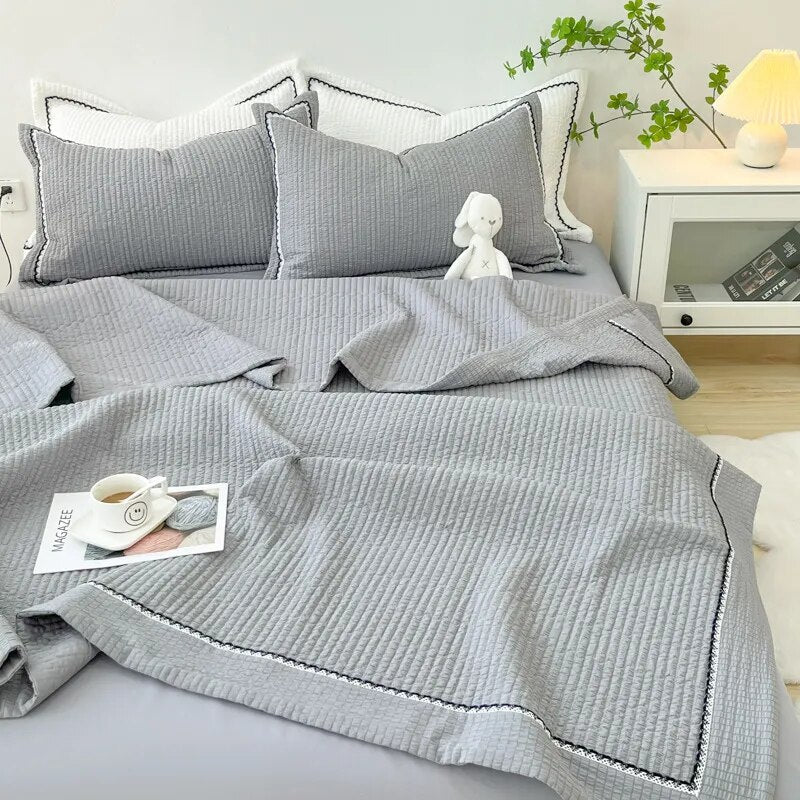 Korean Bubble Yarn Summer Blanket for Double Bed Breathable Thin Comforter Set Machine Washable Quilt 3 Pcs Set or Single Quilts