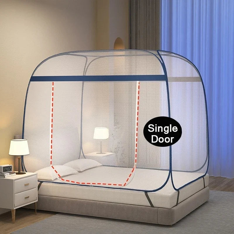 Mongolian Yurt Foldable Mosquito Net Tent No Assembly Required, Breathable Polyester Fabric, with Single or Double Doors