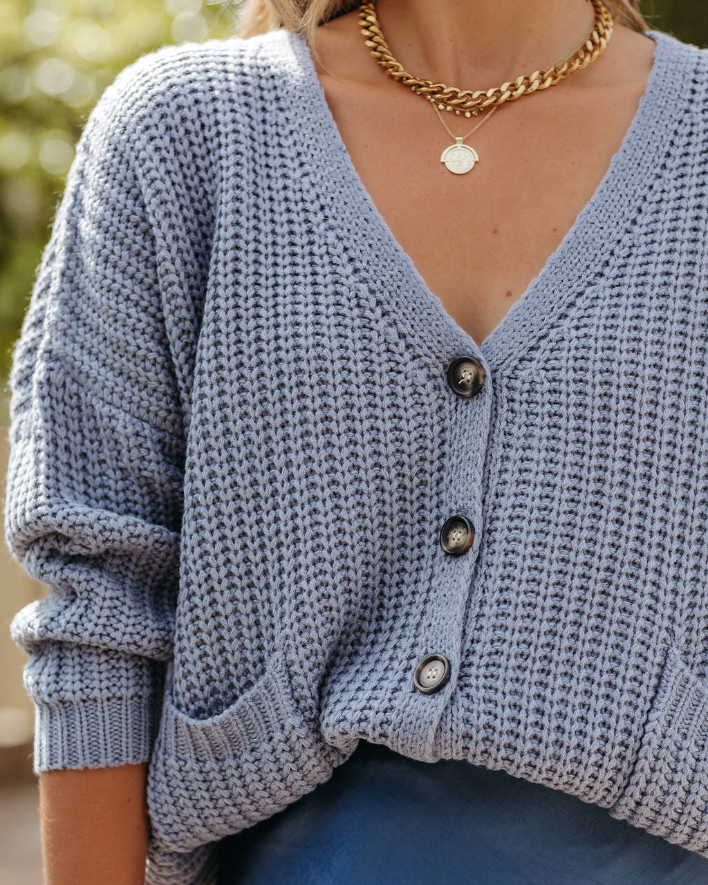 Seana Pocketed Button Front Knit Cardigan - Dusty Blue