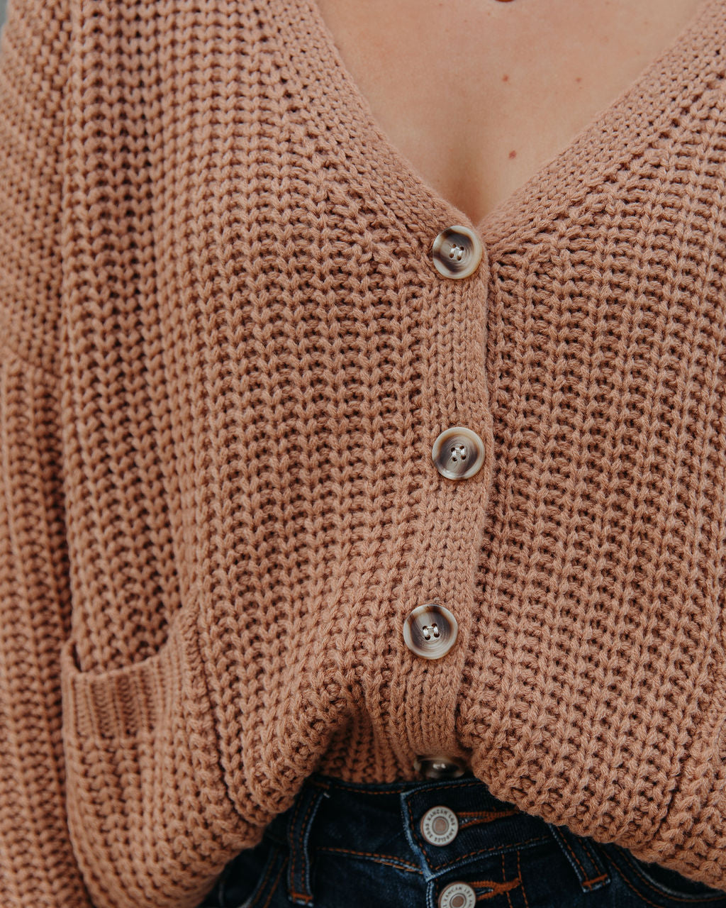 Seana Pocketed Button Front Knit Cardigan - Tan