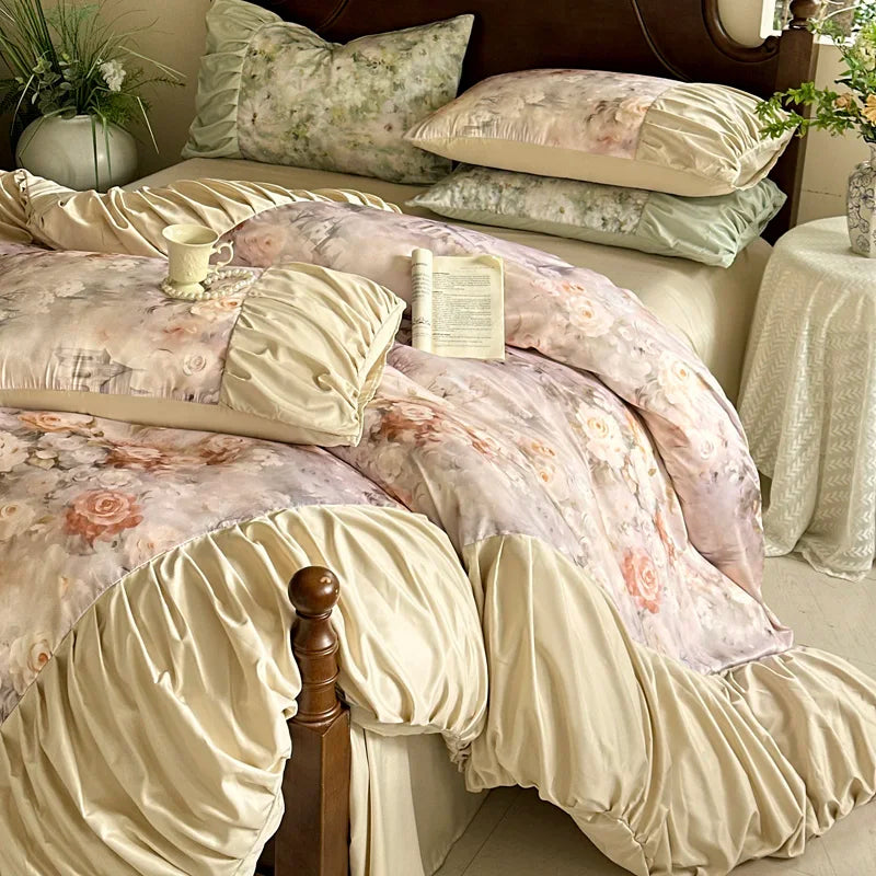 3/4Pcs Bedding Set Tencel Cotton Ice Silk French Vintage Pleated Style Luxury Duvet Cover Bed Linen 2 Bedroom With Elastic Band