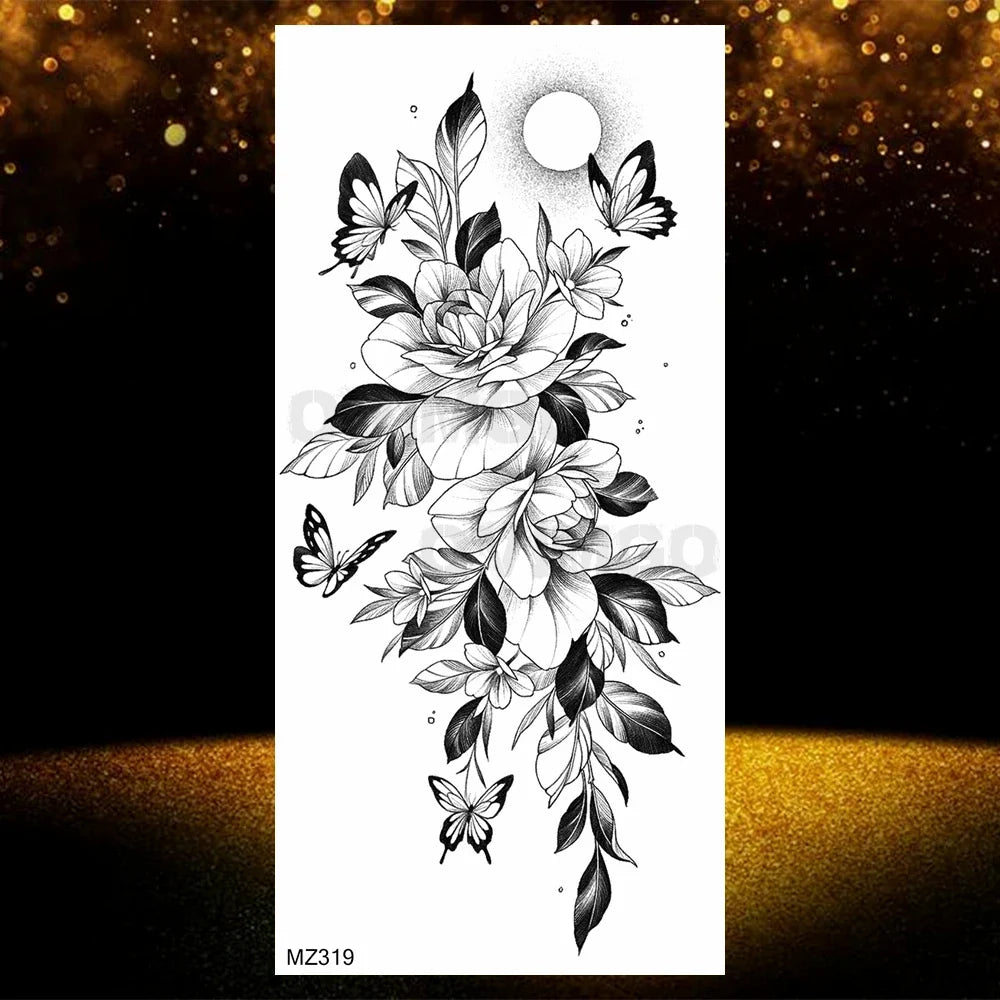 Realistic Black Rose Flower Temporary Tattoos Fake Waterproof Tatoo Body Art Arm Leg Floral Peony Bloosom Tattoo Stickers Makeup