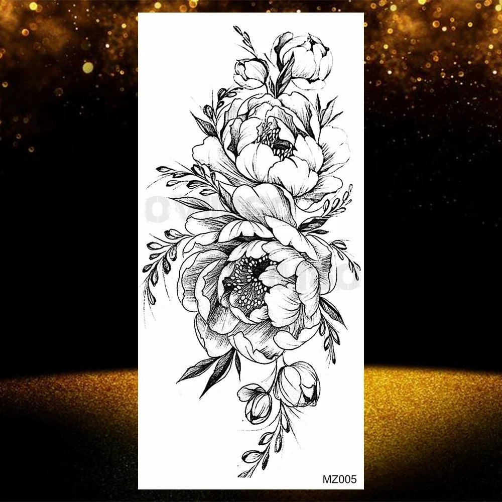 Realistic Black Rose Flower Temporary Tattoos Fake Waterproof Tatoo Body Art Arm Leg Floral Peony Bloosom Tattoo Stickers Makeup