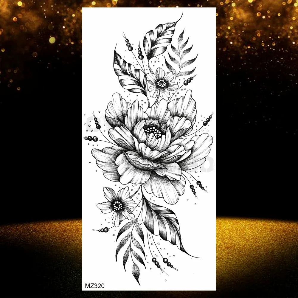 Realistic Black Rose Flower Temporary Tattoos Fake Waterproof Tatoo Body Art Arm Leg Floral Peony Bloosom Tattoo Stickers Makeup