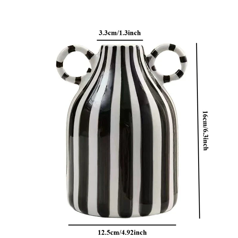 Blue and White Ceramic Vase with Handle, Nordic Boho Small Vases Side Table Flower Centerpiece, Wide Mouth Single Flower Vase