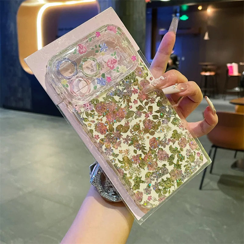 Korean Full Screen Colorful Flowers Glitter Pattern Phone Case for iPhone 17 16 15 14 Pro Max Shockproof Protective Cover