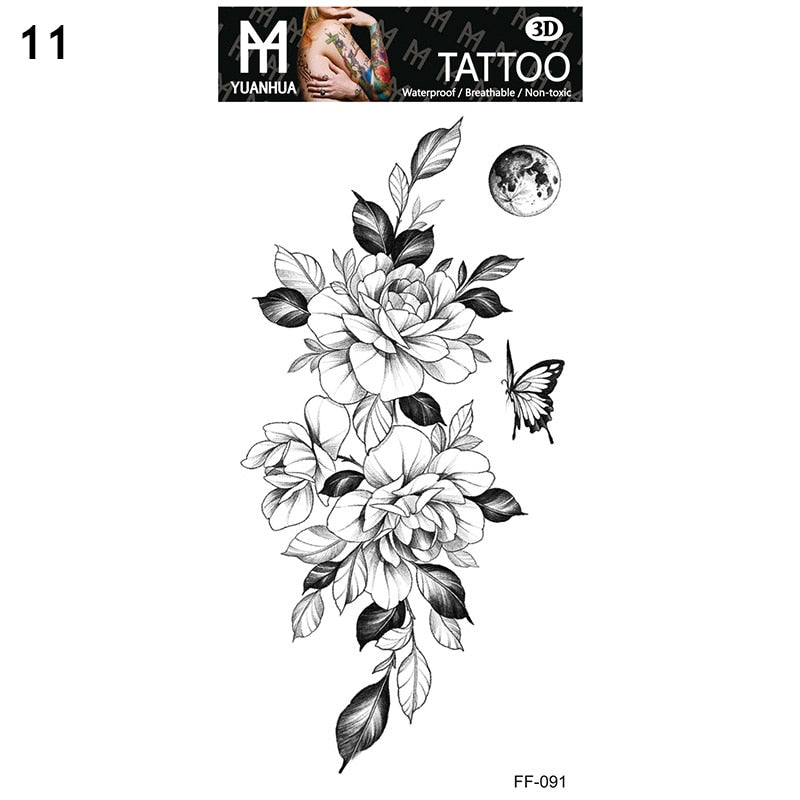 Sexy Black Flower Temporary Tattoos For Women Thigh Men Fake Moon Rose Compass Fake Tatoos Forearm Arm Sleeve Tattoo Stickers